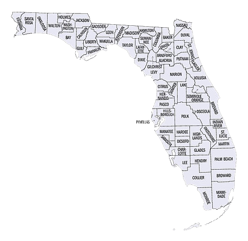 A map of Florida's counties with counties labeled. Florida is shaped liked an "L" rotated 180 degrees. Many of the county borders follow the winding courses of river, some are straight. Some of larger counties tend to be in the center of the State.
